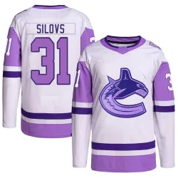 Men's Arturs Silovs Vancouver Canucks Hockey Fights Cancer Primegreen Jersey - White/Purple Authentic