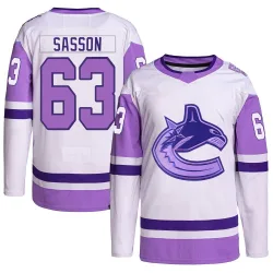 Youth Max Sasson Vancouver Canucks Hockey Fights Cancer Primegreen Jersey - White/Purple Authentic